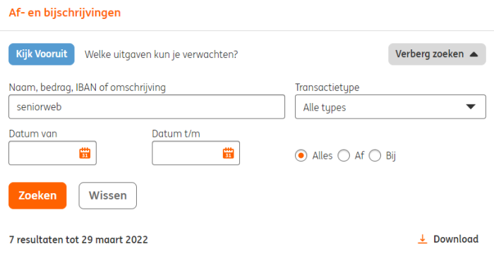 Mutaties zoeken in Mijn ING
